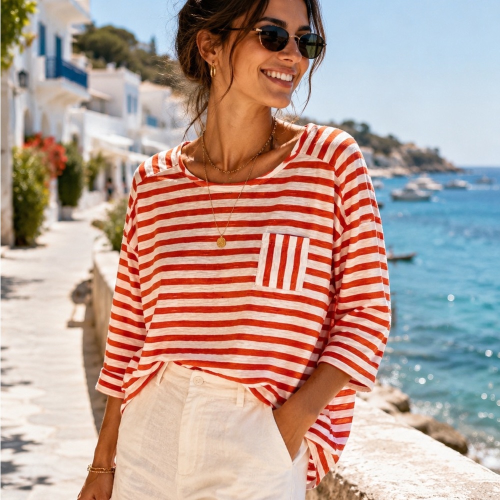 Talbots Orange and White Striped 100% Cotton Tee L